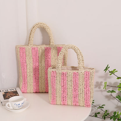 Vertical Stripes French Straw Bag Portable Contrast Color Straw Bag Woven Bag Women's Bag Seaside Vacation Beach Bag - Wanita Store
