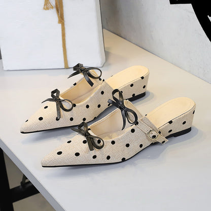 Minority Bow Toe Cap Slipper Polka Dot Wedge Comfortable All Match Slip on Women Shoes Outdoor Slippers - Wanita Store