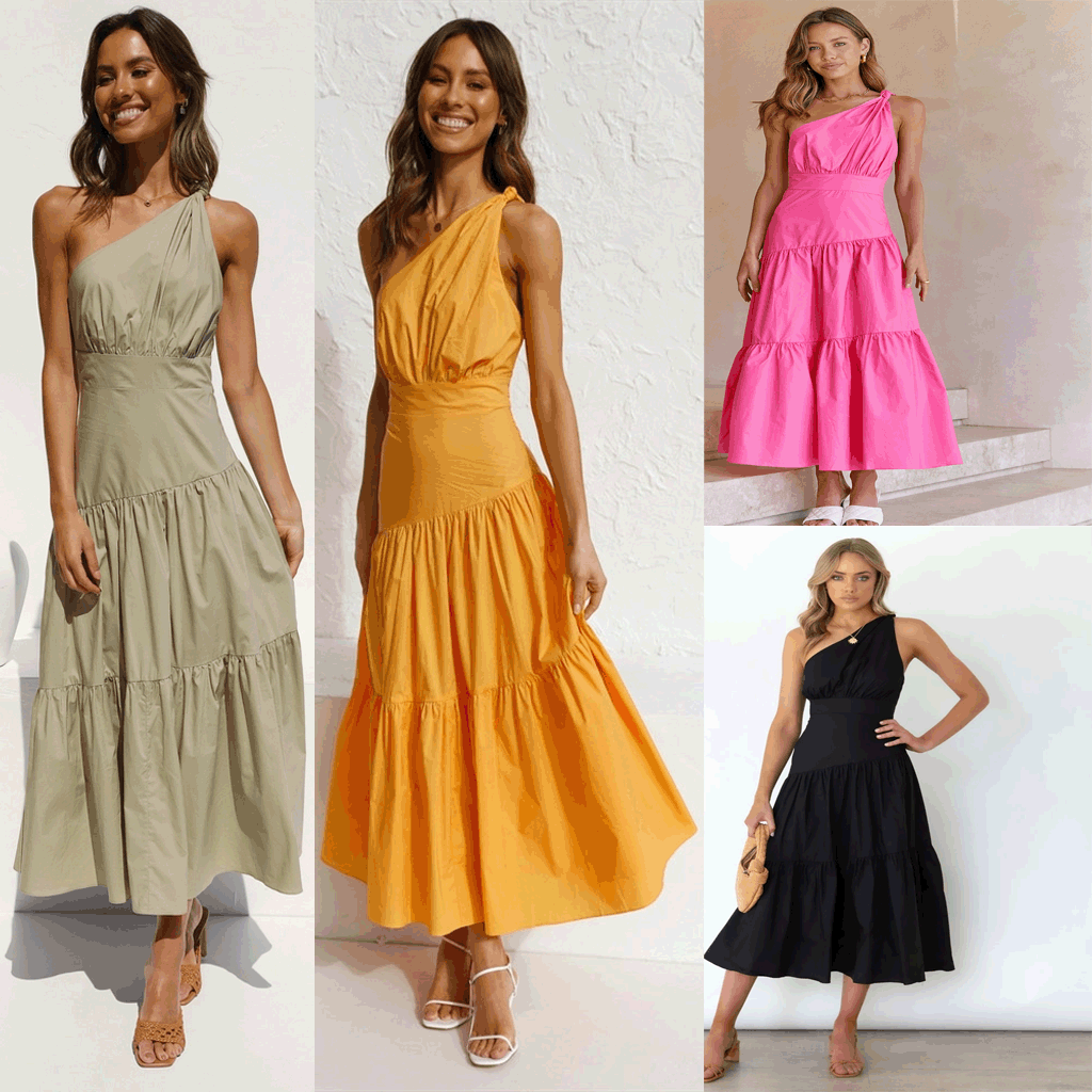 Spring Summer One-Shoulder Knotted Solid Color Fresh Long Sweet Dress