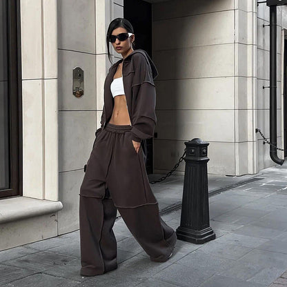 Autumn Winter Women Hooded Long Sleeved Zipper Coat Casual Loose Trousers Suit Women - Wanita Store