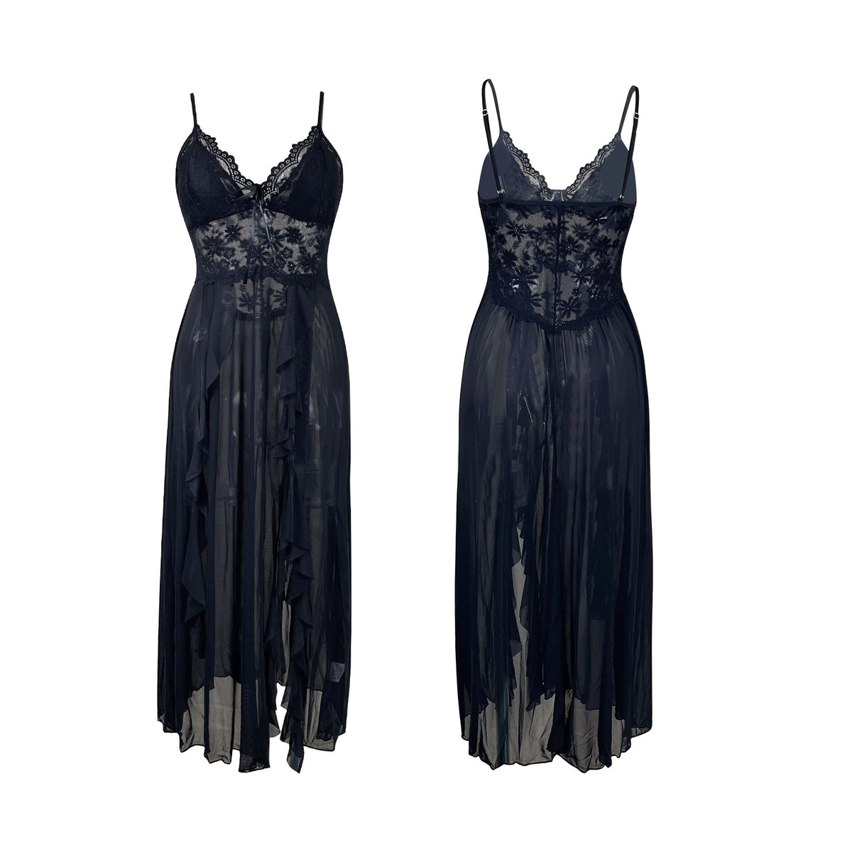Summer Thin Sheer Mesh Maxi Dress Removable Chest Pad Lace V neck Ruffled Sleeping Dress Women