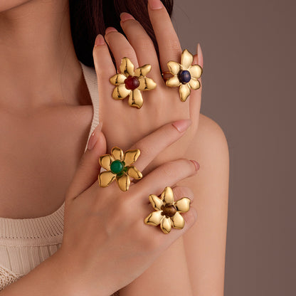 All Match Stainless Steel 18K Gold Plating Irregular Asymmetric Petals Colorful Natural Stone Titanium Steel Open End Ring for Women - Wanita Store