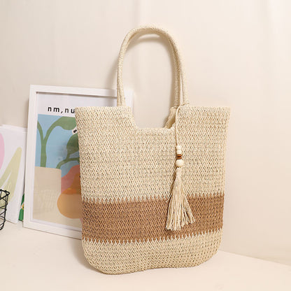 Woven Two Tone Tassel Woven Bag Shoulder Bag Casual Straw Bag Casual Women Bag Beach Bag - Wanita Store
