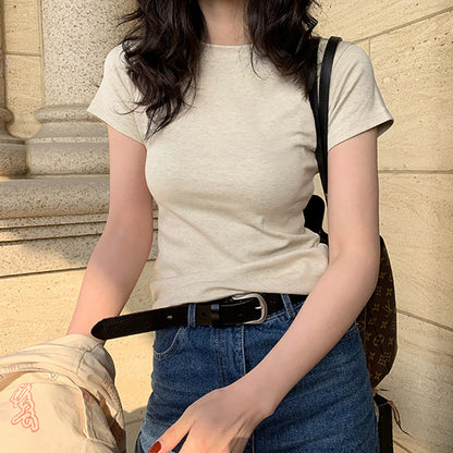 White T shirt Women Shoulder Short Sleeve Slimming round Neck Cotton Bandage Dress Bottoming Top - Wanita Store