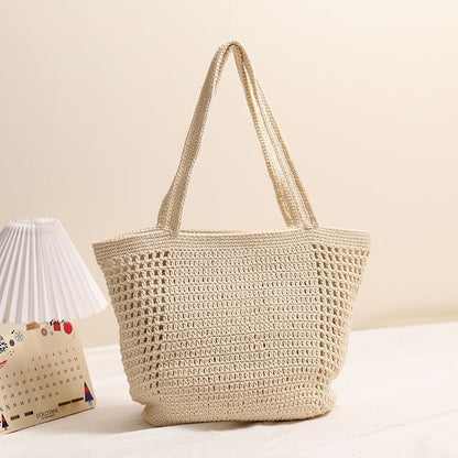 Large Capacity Cotton Thread Woven Bag Hollow Out Cutout Shoulder Straw Bag Vacation Beach Bag Women Bag - Wanita Store
