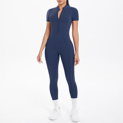Open Collar Zipper with Chest Pad Short Sleeve One Piece Beauty Back Fitness Sports Jumpsuit Skinny Yoga Clothes - Wanita Store