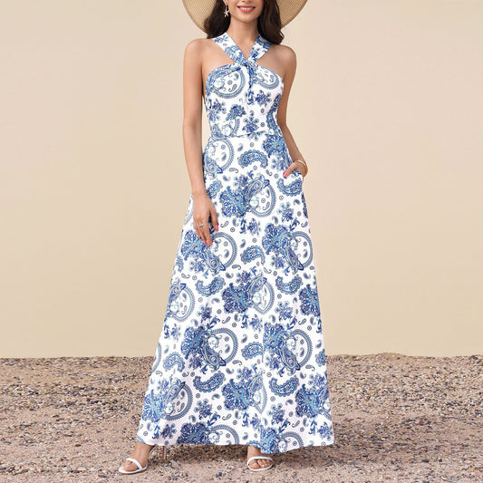 Summer Vacation Cross Tied Dress Sexy Socialite Special V neck Backless Waist Trimming Maxi Dress