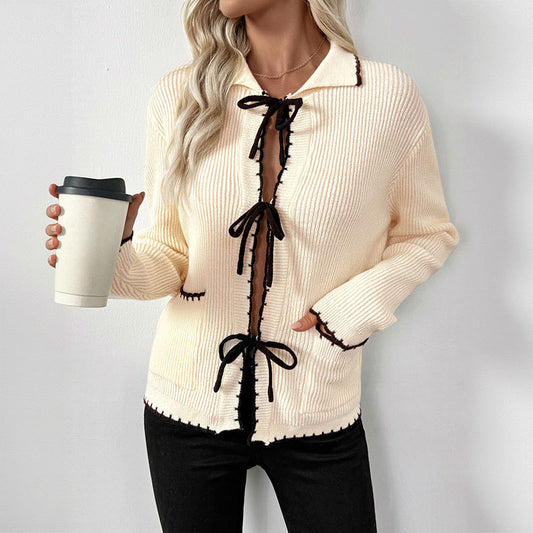 Sweet Chanel Bow Lace up Turn down Collar Trim Contrast Color Sweater Women Cardigan