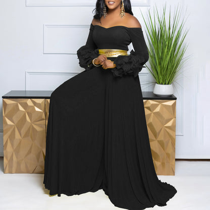 Off Neck Ruffle Sleeve Solid Color Pleated Wide Leg Jumpsuit - Wanita Store