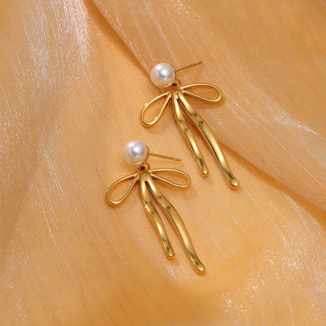 Fashionable Simple Pearl Bow Titanium Steel Earrings for Women Special Interest Design High Grade Stainless Steel Studs Earrings - Wanita Store