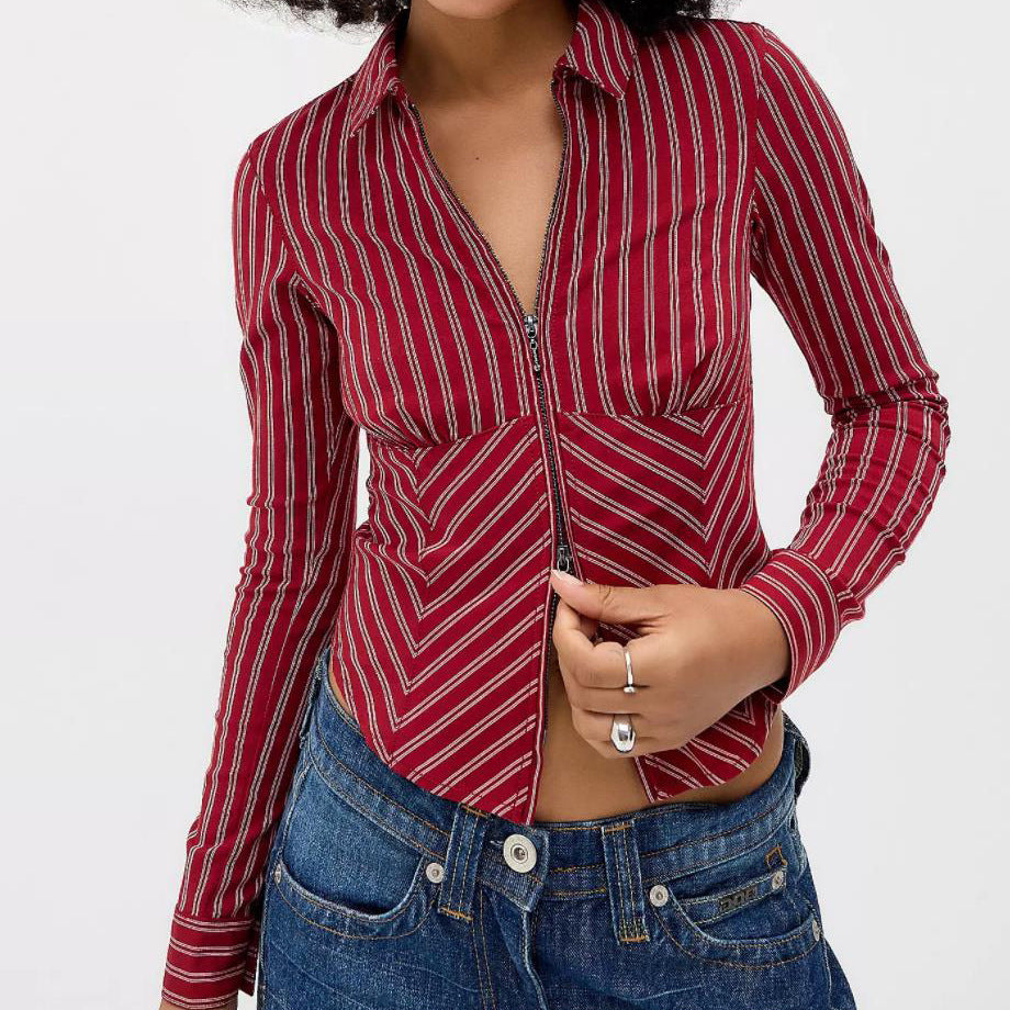 Women Clothing Spring Advanced Striped Long Sleeve Cardigan Shirt - Wanita Store