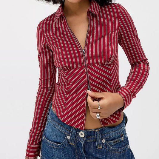 Women Clothing Spring Advanced Striped Long Sleeve Cardigan Shirt - Wanita Store