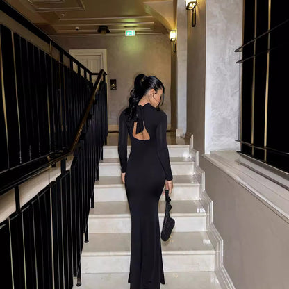 Fall Women Clothing Sexy Cutout Socialite Private Clothing Elegant Three Dimensional Floral Long Sleeve Slim Maxi Dress - Wanita Store