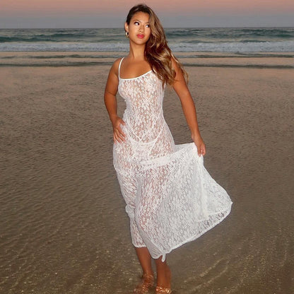 Women Clothing Spring Summer Lace Transparent Sexy Sling Dress Women Dress High-Grade Beach Party Sexy - Wanita Store