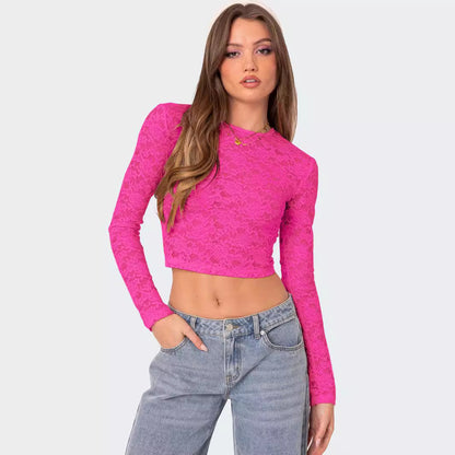 Private Clothes Sexy Lace Short Top Sexy Beautiful Slim Fit Long Sleeve T Shirt Women Summer - Wanita Store