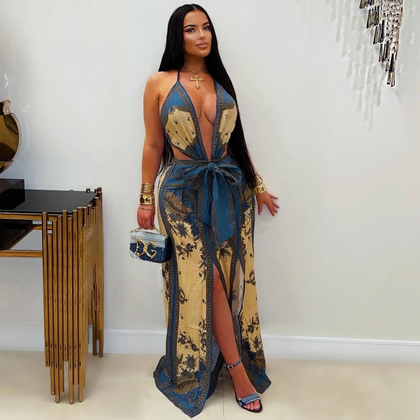 Women Retro Printed Deep V Plunge Waist Trimming Lace up Split Wide Leg Vacation Jumpsuit