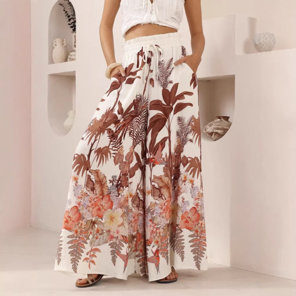 Pantalones de Verano de Pierna Ancha Estampado de Hojas Casuales Sueltos de Pierna Ancha