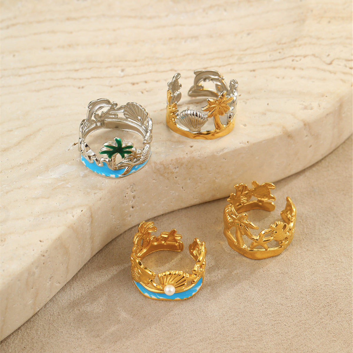Arrival Ocean Mermaid Pearl Ring Stainless Steel Gold Plated Open Ring Niche Design Bracelet - Wanita Store