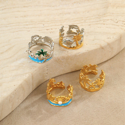 Arrival Ocean Mermaid Pearl Ring Stainless Steel Gold Plated Open Ring Niche Design Bracelet - Wanita Store