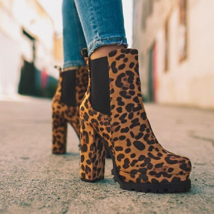 Round Head Leopard Print Chunky Heel Short Knight Boots Women High Heel Elastic Band Sleeve Suede Boots - Wanita Store