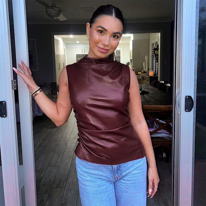 Women Clothing Leather Cascading Collar Personalized Waist Tight Oblique Sleeveless Top Women Vest - Wanita Store