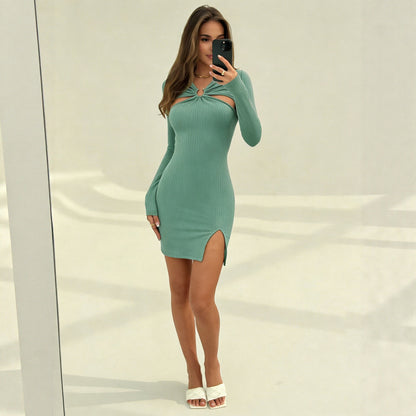 Vestido entallado largo sexy ajustado con corte hueco retorcido de manga larga con abertura