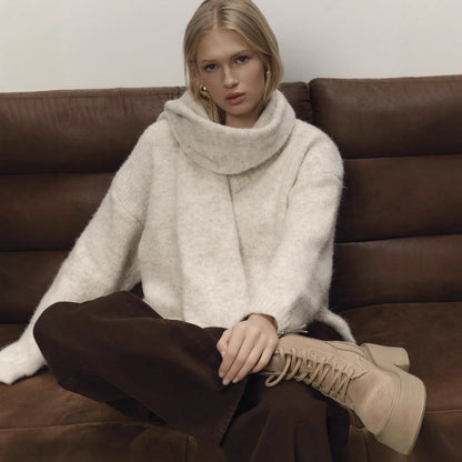 Loose Lazy Soft Wool Sweater Women Autumn Winter Pullover Loose Sweater Scarf Set - Wanita Store