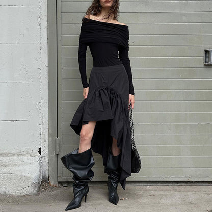 Fall Design High Waist Open Leg Layered Ruffled Cotton Irregular Asymmetric Skirt for Women - Wanita Store