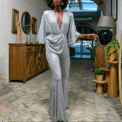 Women Clothing Direct Sequ Sexy Deep V Plunge neck Backless Jumpsuit Trousers - Wanita Store