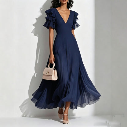 Vestido Plisado con Volantes y Cuello en V para Mujer, Elegante, Gracioso, con Control de Cintura y Dobladillo Ancho