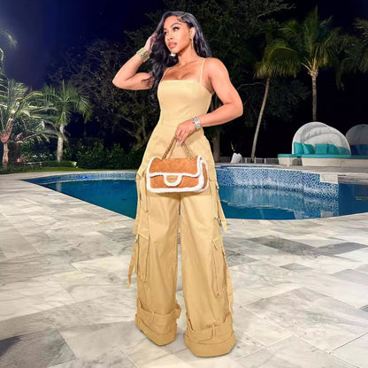 Women Clothing Sexy Tube Top Multi Pocket Workwear Jumpsuit Wide Leg Jumpsuit - Wanita Store