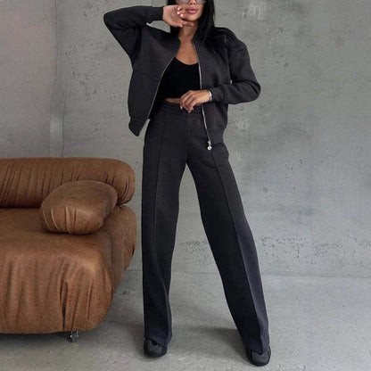Autumn Winter Women Casual Zipper Jacket Wide Leg Pants Two Piece Set - Wanita Store