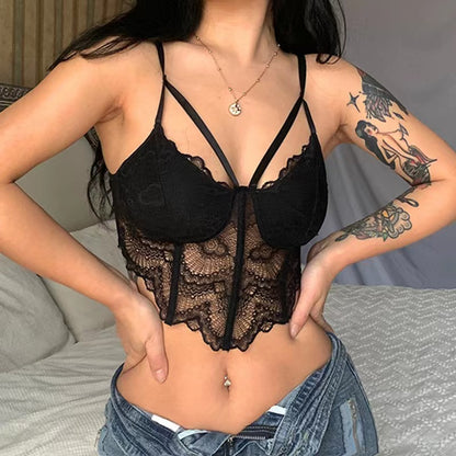 Women Clothing Boning Corset Lace Sexy Rhombus Hem Street Sexy Camisole - Wanita Store