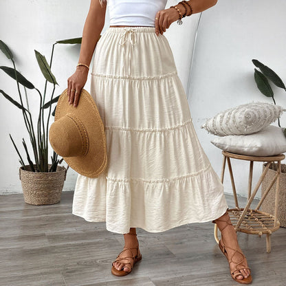 Summer White Stitching Skirt Women Simple Elastic Waist A line Umbrella Maxi Skirt - Wanita Store