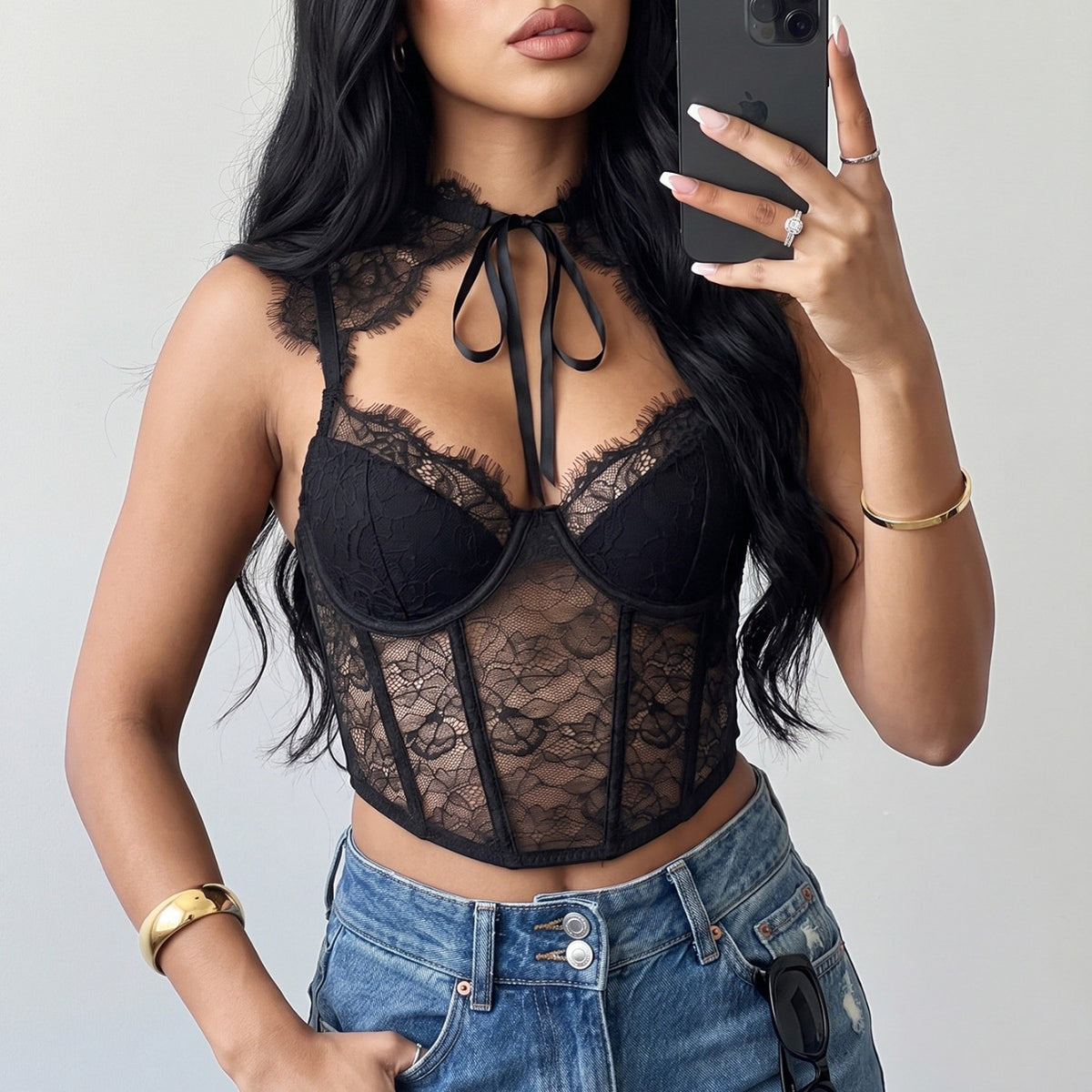 Sexy Eyelash Lace Halter Lace up Boning Corset Corset Sexy Wear Mesh See through Waist Shaping Clothes