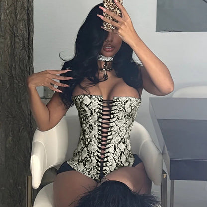 Sexy Women Clothing Leather Animal Pattern Waist Shaping Lace up Tube Top Waist Tight Adjustable Vest Top Summer - Wanita Store