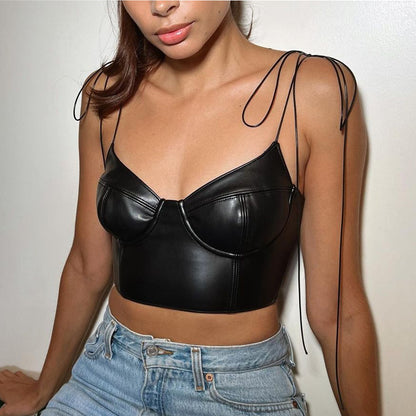 Women Clothing Summer Sexy Sling Faux Leather Cropped Small Vest Sling - Wanita Store