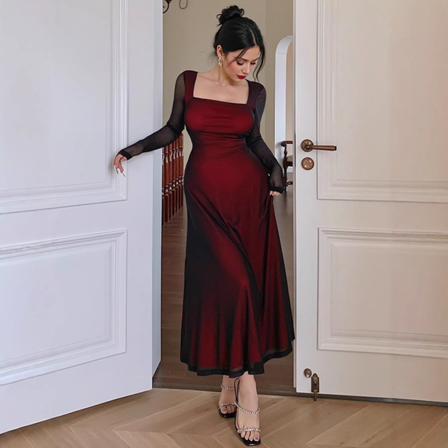 Robe Moulante Sexy à Col Carré et Manches en Maille Transparente pour Femme