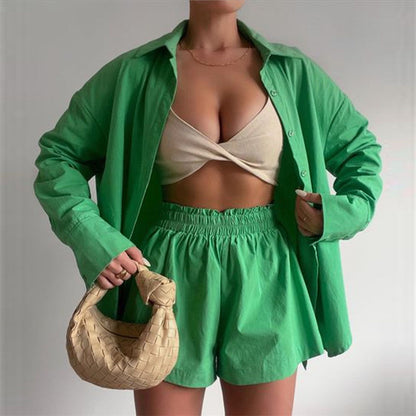 Spring Summer Two Piece Set Solid Color Single Breasted Long Sleeve Collared Shirt Shorts Loose Casual Set - Wanita Store