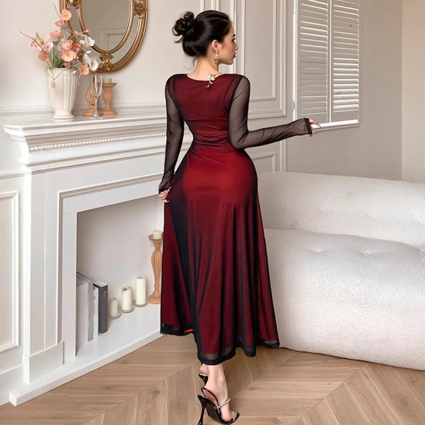 Robe Moulante Sexy à Col Carré et Manches en Maille Transparente pour Femme