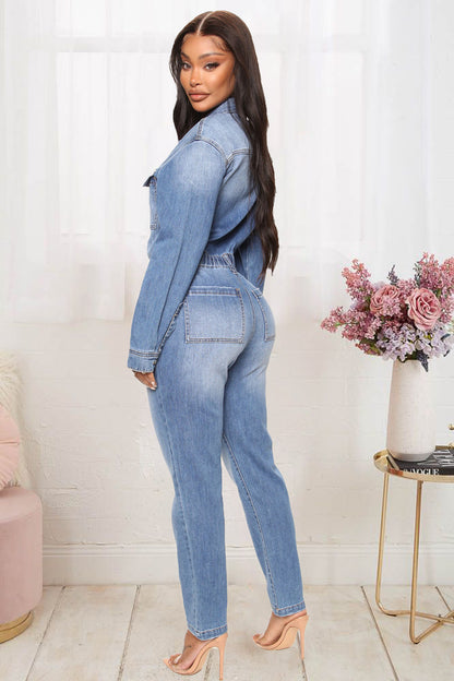 Women Slim Elastic Feet Wash Denim Jumpsuit - Wanita Store