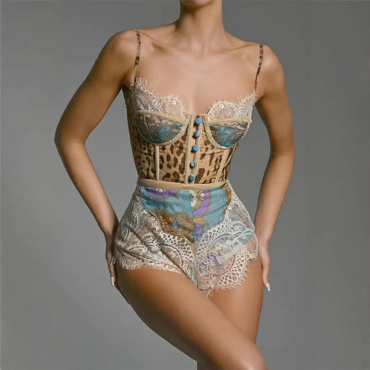 Spring Summer Suspender Sexy Lace Jumpsuit Holiday Slim Fit Printed Jumpsuit
