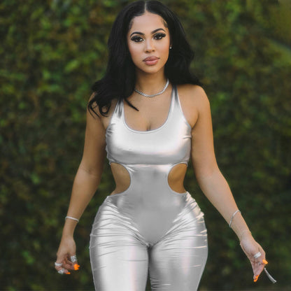 Metallic Coated Fabric Women Clothing Winter Solid Color Faux Leather Sexy Cutout Backless Slim Fit Sling Jumpsuit - Wanita Store
