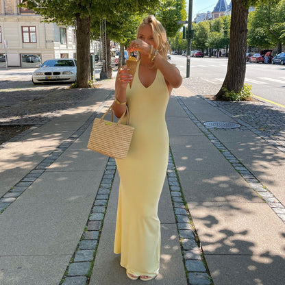 Women Clothing Summer Sexy V neck Halter Backless High Waist Slim Solid Color Dress - Wanita Store