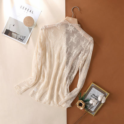 Spring Autumn High End Lace Bottoming Shirt Women Popular Tight Long Sleeve Mesh Top Sexy Inner Wear Small Shirt - Wanita Store