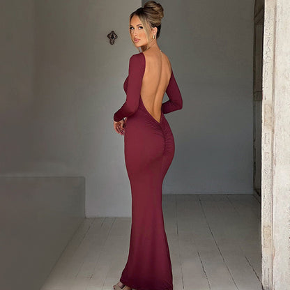 Slim Fit Long Sleeve Backless Sexy Hip Bag Dress - Wanita Store