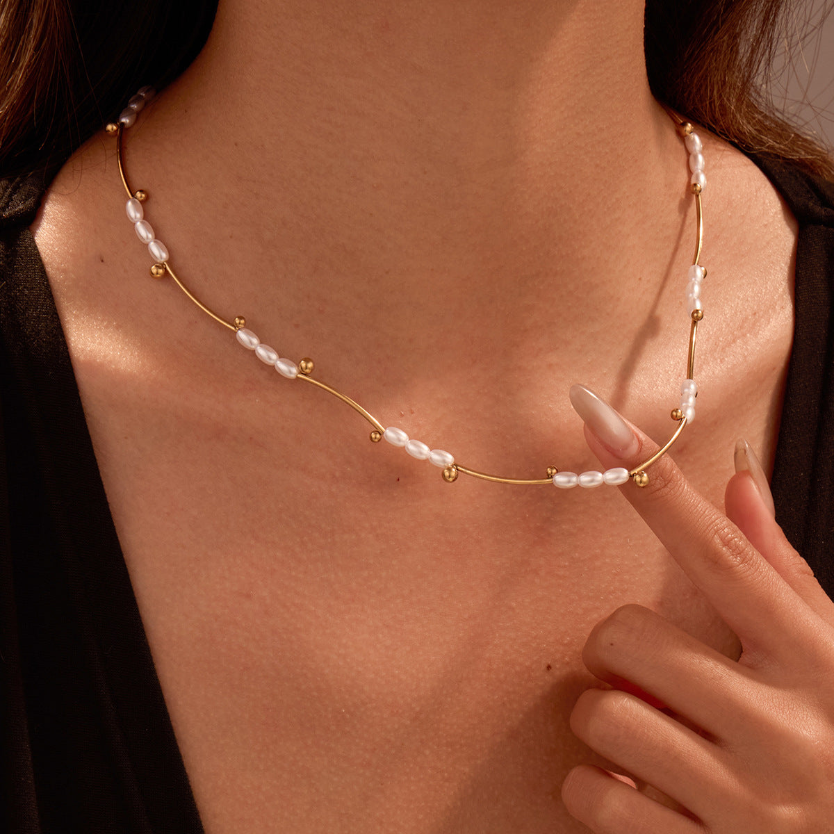 French Hepburn Advanced Baroque Imitation Pearl Necklace Batch Floral Tube Spacer Beads 18K Real Gold Stainless Steel Clavicle Chain - Wanita Store