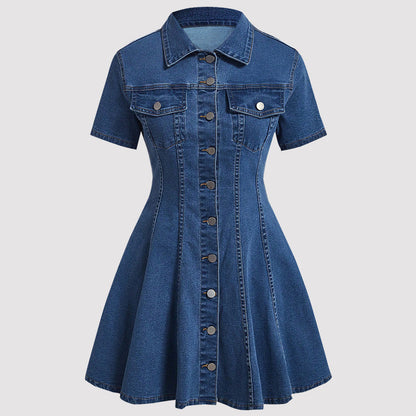 Women Clothing Denim Short Sleeved Cardigan Waist Tight Dress - Wanita Store