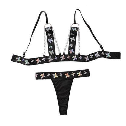 Three Point Bra Two Piece Summer Colorful Butterfly Printed Sexy Hollow Out Cutout Underwear Set