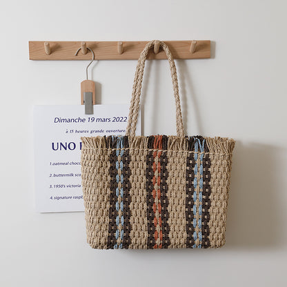 Vertical Stripes Straw Bag Woven Bag Women Simple Large Capacity Portable Shoulder Vacation Beach Bag - Wanita Store